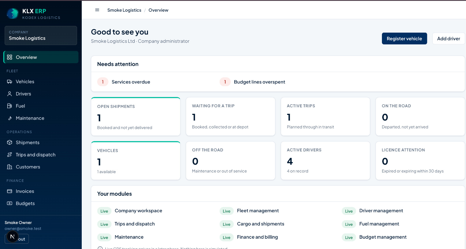 KLX ERP dashboard